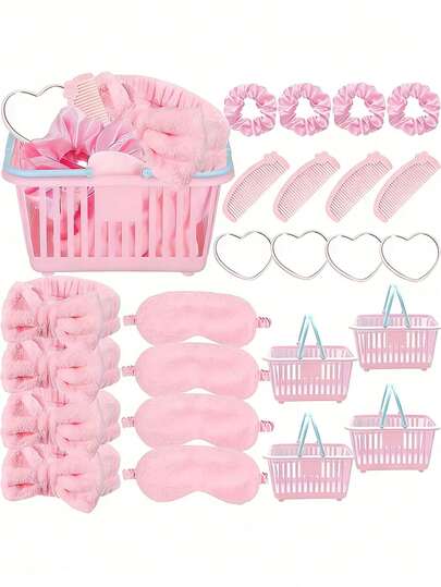 Kit de presente SPA com 30/6 peças, incluindo espelho em formato de coração, tiara rosa, elásticos de cabelo de cetim, pente, máscara de dormir e cesta. Ideal para presentes de casamento, presentes para madrinhas, chá de panela, aniversário, despedida de solteira, etc.