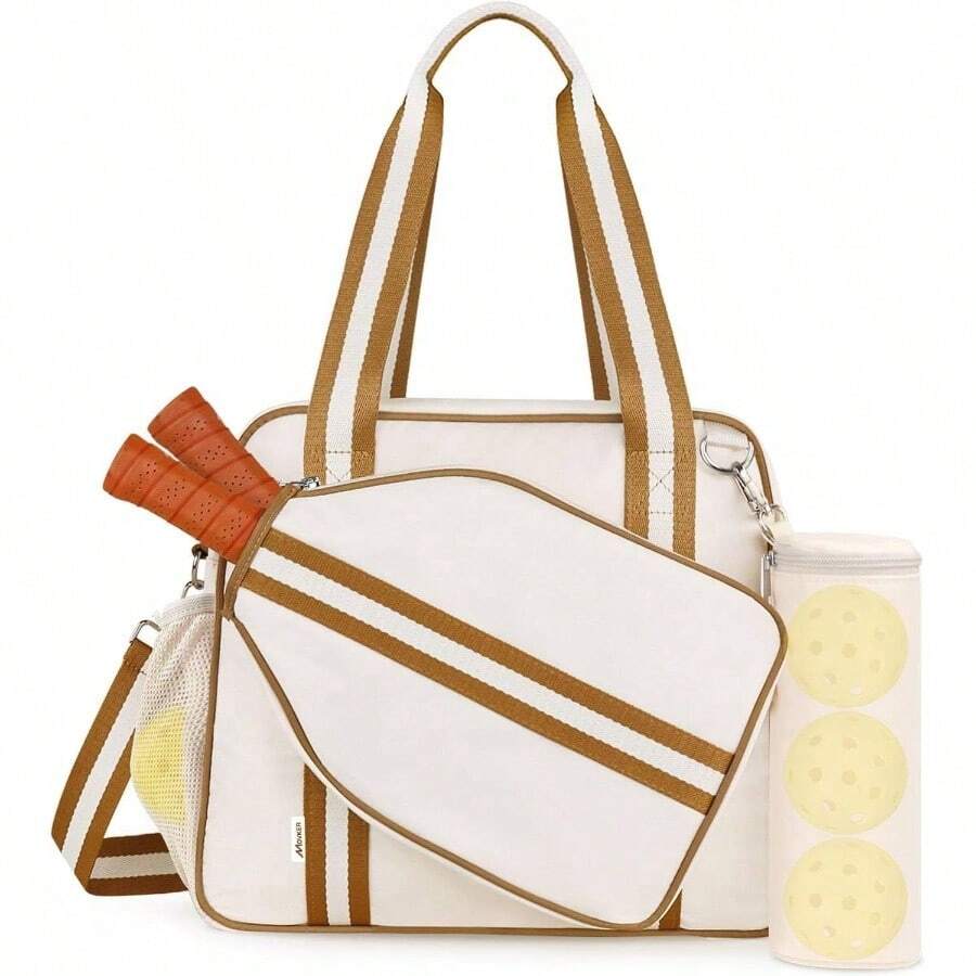 Pickleball Tote Bag Women Men With Paddle Cover Pocket External Ball Bag And Adjustable Shoulder Strap Fence Hook - Beige Brown - View 1
