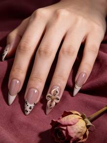 10pcs/1set Handmade Press On Nails For Women, 3D Acrylic Long Stiletto Fake Nails, Hand Painted Leopard Print & 3D Flower Design With Gold French Line, Luxury Reusable Artificial Manicure Nails For Bridal And Casual Wear - Nhiều màu - Xem 10