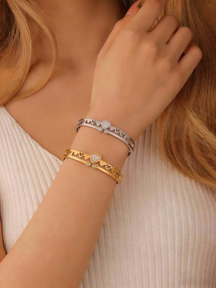 1条优雅的18K不锈钢双层心形手链，适合女士日常佩戴 - 愛心 - 查看 1