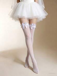 1 đôi tất trắng cao đến đầu gối với viền ren xếp ly và nơ trắng trang trí, tất cao đến đùi gợi cảm cho mùa cưới, tiệc tùng và lễ hội. Có thể mặc hàng ngày. - Nhiều màu - Xem 5