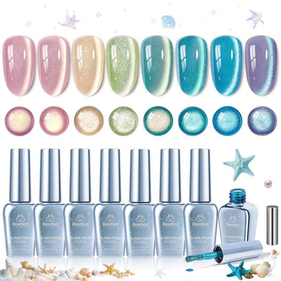 Beetles Dream Coast 8 Colors Cat Eye Gel Nail Polish Set, Pink Yellow Green Blue Purple Glitter Magnetic Shine Gel, Soak Off UV LED Salon & Home DIY Manicure Gifts For Women - 8 Colors Dream Coast - 查看 1