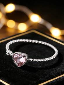 925 sterlingsilverring i hjärtformad diamant, elegant armband med pavefattning, unika feminina smycken, present till bästa vän - Rosa - Visa 2
