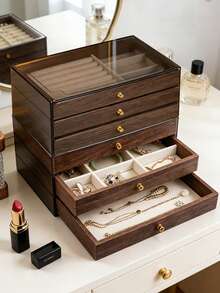 1个大容量首饰收纳盒，奢华首饰整理盒，抽屉式桌面收纳盒，可收纳项链、耳环、戒指、手表、配饰，也可作为家居装饰、梳妆托盘、节日礼物、女士礼物、圣诞礼物，三层透明天鹅绒抽屉式首饰盒，首饰盒，戒指、项链、手镯、耳环和吊坠抽屉收纳盒 - 彩色 - 查看 4