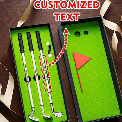 Một bộ bút kim loại hình dáng đặc biệt giống gậy golf, thích hợp làm phần thưởng cho học sinh, quà tặng bạn bè, quà tặng ngày lễ, và một bộ mini golf có thể dùng để luyện tập golf và viết.