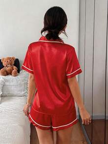 Dreamivo Pocket Bow Embroidered Solid Color Collar Pajama Set, Button Collar Top & Comfortable Shorts - Red - View 2