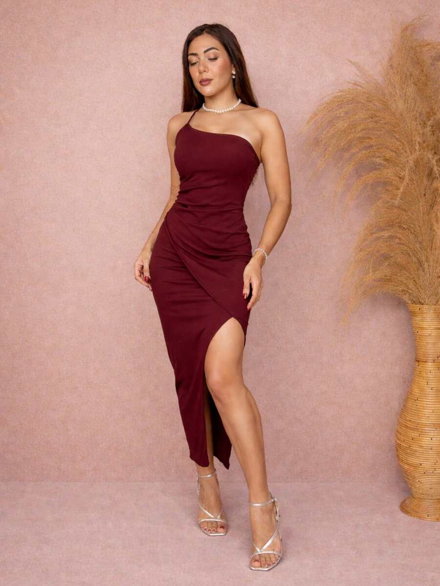 Long Draped Bodycon Dress With Single Straps And Slit - Redwood - View 1