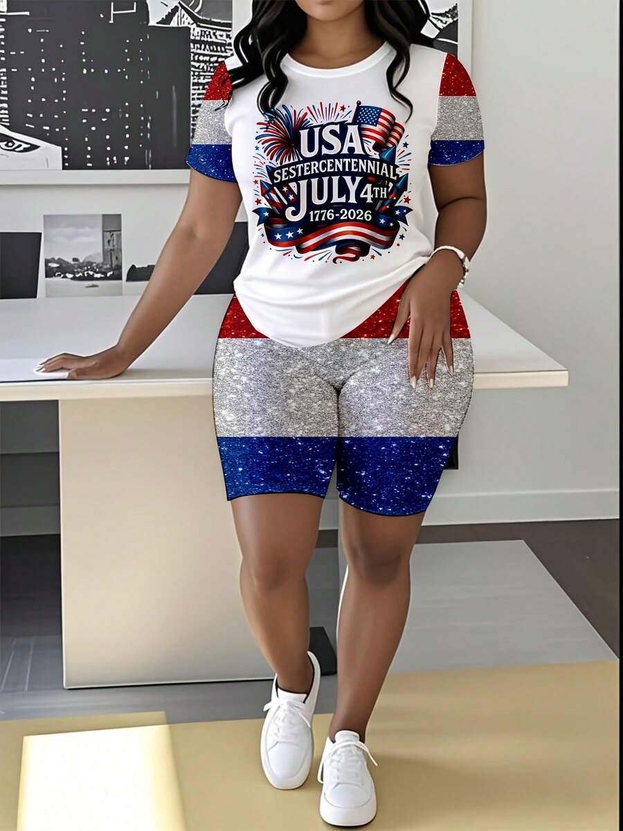 Women's Short-Sleeved Shorts Set United States Flag Design 250Years 1776-2026 Usa Sestercentennial July 4th 1776 2026 Patriotic Independence Day Celebration T Shirt And Shorts Set For Fourth Of July Party Outfit Full Printed - 風格 - 查看 1