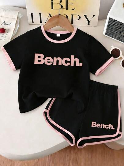 2pcs/Set Girls Letter Print Short Sleeve Top And Shorts, Suitable For Casual Daily Wear In Summer
