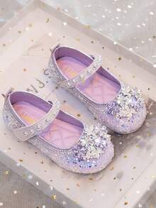 Girls' Silver Glitter Snowflake Rhinestone Mary Jane Flat Shoes, Non-Slip Princess Formal Summer Children's Shoes - Mauve Purple - View 4