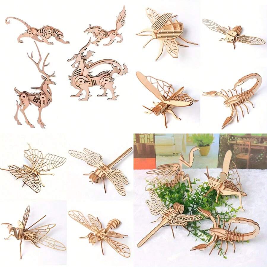 Set de 4 piezas de Figuritas de Modelos 3D de Animales e Insectos - Ranuras precisas, ensamblaje suave, Manualidades de madera de tilo DIY, adecuado como regalo para adultos y adolescentes - Modelo - Ver 1