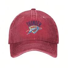 Oklahoma City Thunder Logo Baseball Cap Washed Denim, Adjustable Unisex Hat For Sports, Casual, Beach Outdoor | Retro Classic Design - 紅色 - 查看 1