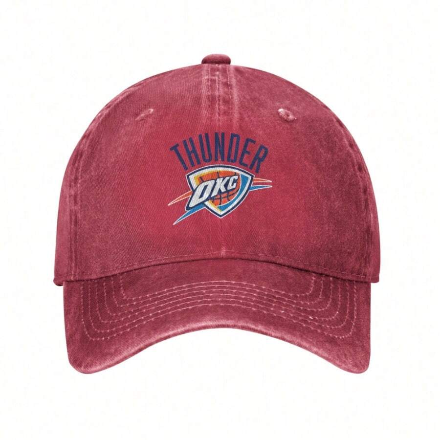 Oklahoma City Thunder Logo Baseball Cap Washed Denim, Adjustable Unisex Hat For Sports, Casual, Beach Outdoor | Retro Classic Design - 紅色 - 查看 1