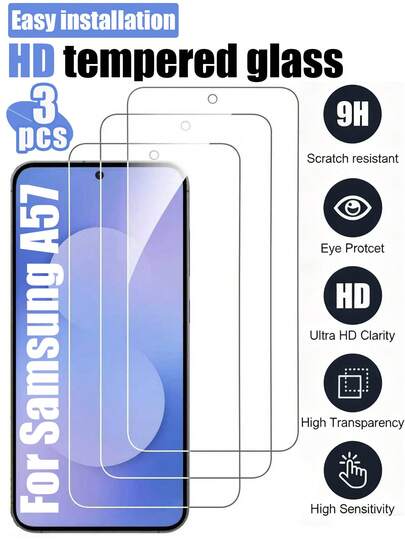 Bộ 3 miếng dán màn hình độ phân giải cao dành cho Samsung Galaxy A57, chống rơi vỡ, chống trầy xước, không bọt khí, trong suốt độ phân giải cao, độ cứng 9H, tương thích với ốp lưng điện thoại, dễ dàng lắp đặt, tương thích với Galaxy A56/A16/A55/A15/A54/A14/A36/A35/A17/A26. Một phụ kiện không thể thiếu cho điện thoại di động, miếng dán màn hình và cuộc sống văn phòng hàng ngày.