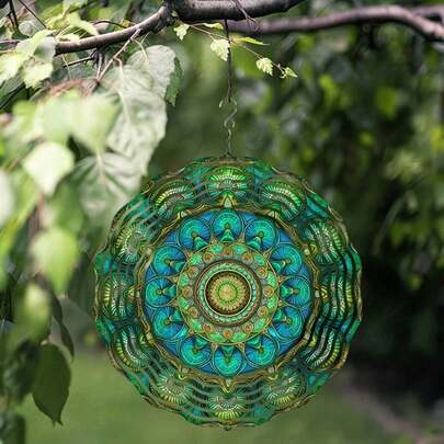 Chuông gió kim loại 10 inch với móc xoay 360° - Thiết kế Mandala màu xanh ngọc và vàng rực rỡ, không cần pin, hoàn hảo để treo trên ban công hoặc sân vườn, vật trang trí theo mùa lý tưởng và quà tặng nghệ thuật, chuông gió ngoài trời.