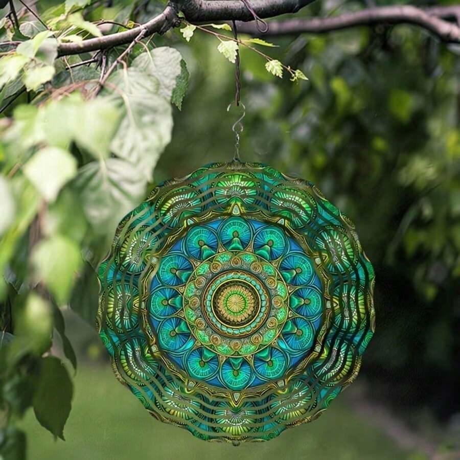 10英寸金属风铃，带360°旋转挂钩 - 亮丽的蓝绿色和金色曼陀罗图案，无需电池，非常适合悬挂在阳台或花园，是理想的季节性装饰品和艺术礼品，户外风铃