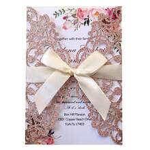 Paquete de 10 invitaciones de boda cortadas con láser, brillantes y en color plateado y dorado claro (incluye tarjetas en blanco, sobres y moños de cinta), tarjetas de invitación elegantes y de alta calidad para bodas y fiestas - Multicolor - Ver 44