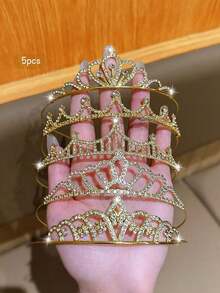 5pcs Gold Crown Fashionable Sweet Style Tiara, Suitable For Performance And Birthday Party, Affordable Hair Accessories - Silver - View 7