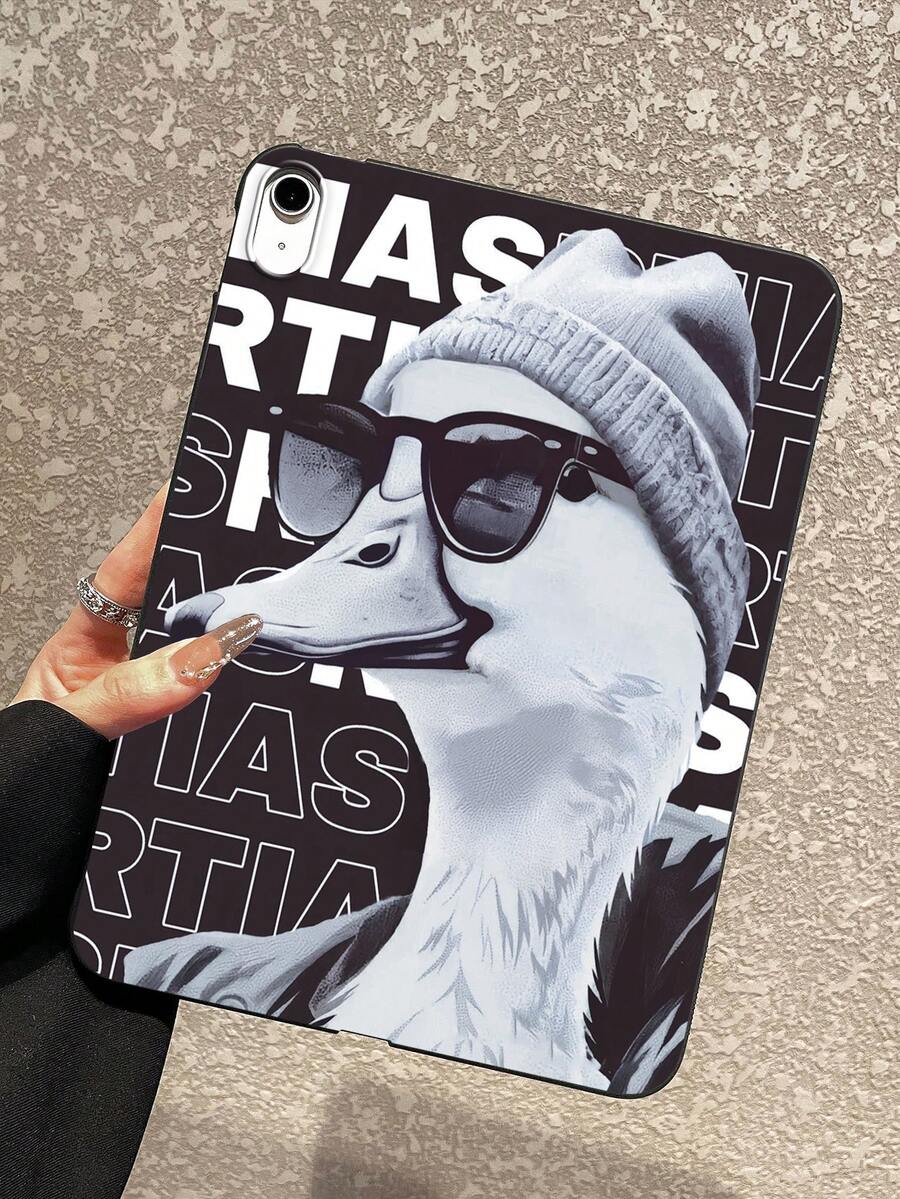 鸭子图案单件装酷炫哑光黑扁平保护壳，复古鸭子插画，戴着时尚眼镜/针织帽，街头风幽默设计，柔软TPU防刮材质，兼容iPad，时尚达人的绝佳礼物 - 黑色 - 查看 1