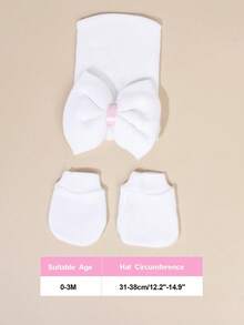 3pcs/Set 0-3M Newborn Baby Soft Bow Decor Hat And Gloves Set, Suitable For Daily Use - Multicolor - View 4