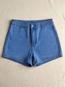 Quần short denim ôm sát cạp trung cơ bản dành cho nữ, kiểu dáng tối giản, ôm sát. - Rửa trung bình - Xem 5