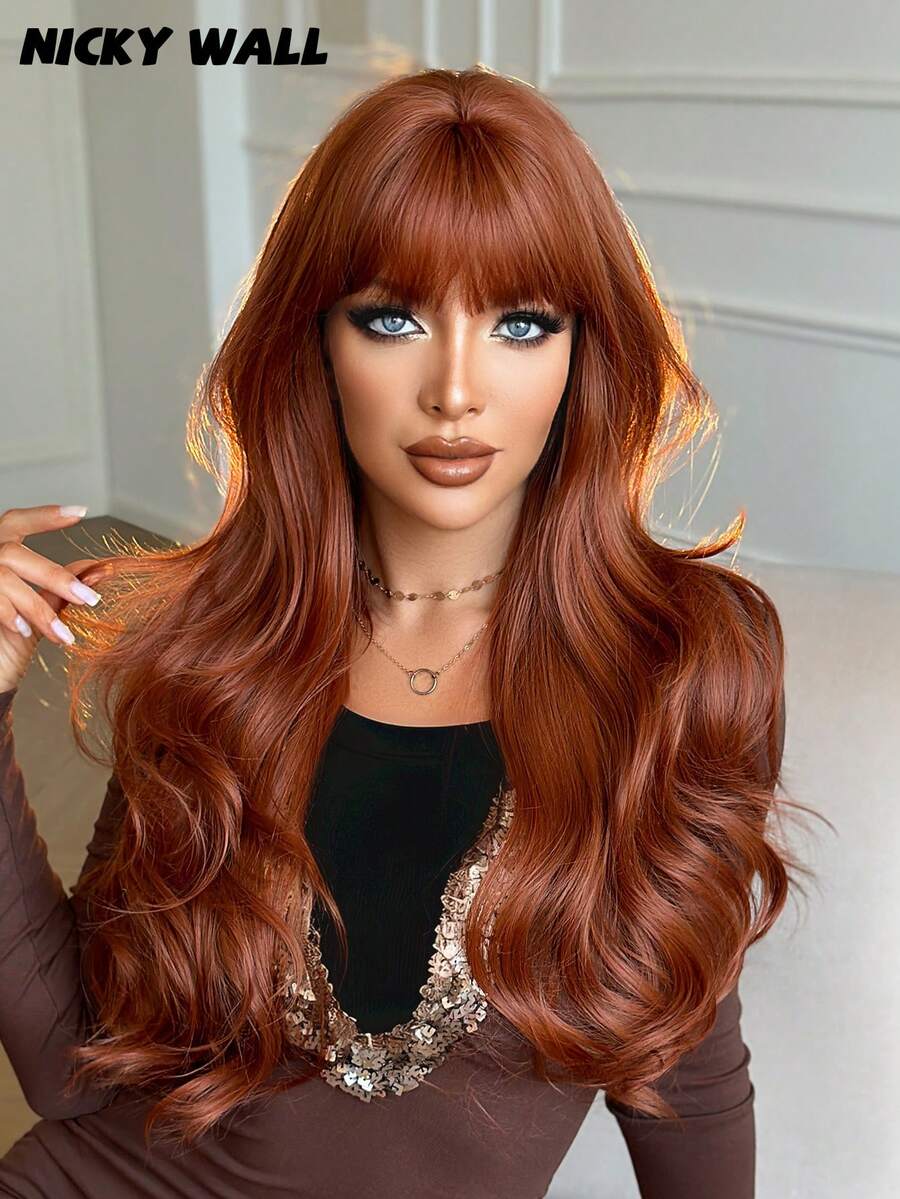  Ginger Wig Long Body Wave Wigs For Women Fluffy Natural Curly Wig With Bangs Fashion Synthetic Heat Resistant Fiber Wigs Girls Cosplay Party Daily Use 28 Inch