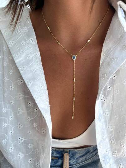 1件铜镶嵌蓝色水滴形锆石Y形项链，欧美时尚风格，适合宴会、约会、日常佩戴、节日礼物