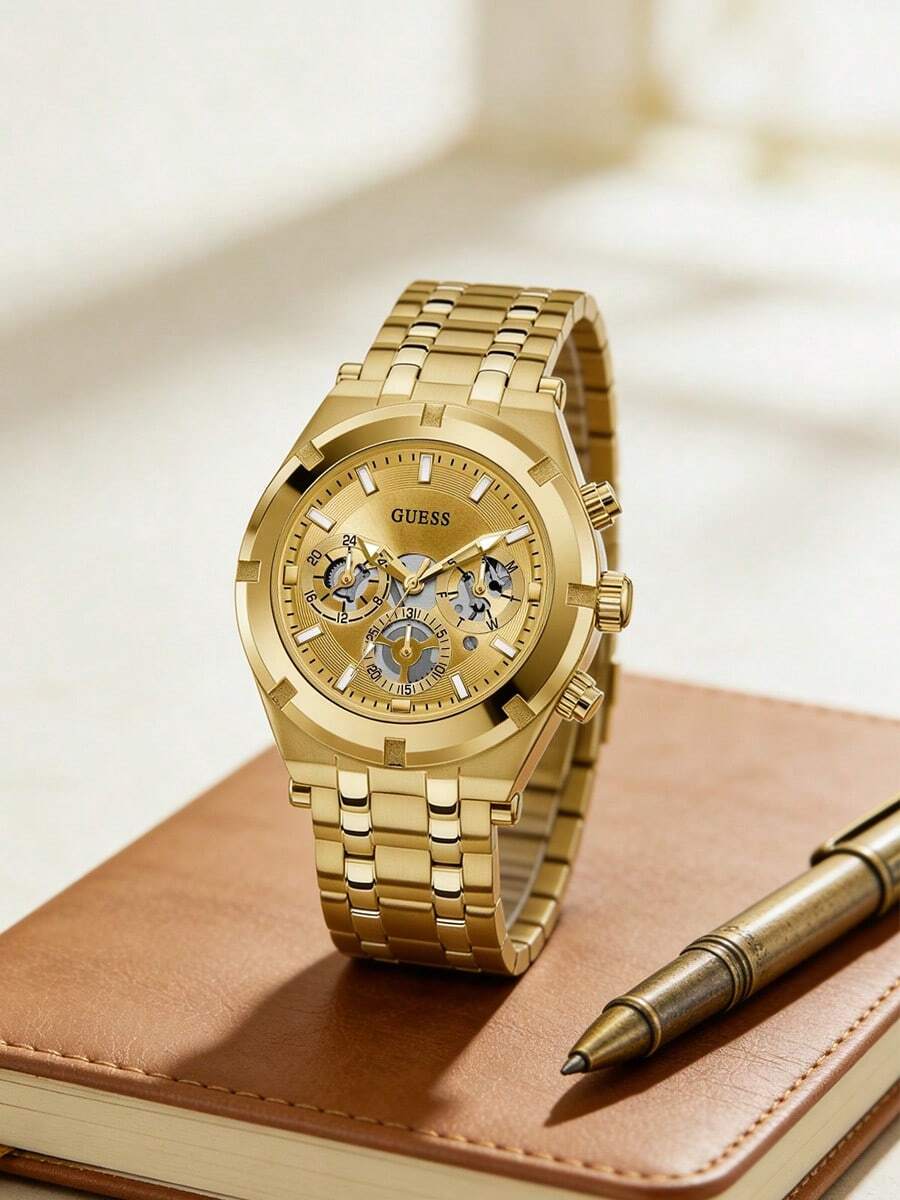 Guess Đồng hồ nam dây đeo hợp kim thép không gỉ mạ vàng, mặt số nhỏ đa chức năng rỗng, đồng hồ đeo tay sang trọng, phù hợp cho công sở và sinh hoạt hàng ngày. - màu nâu - Xem 1