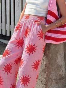 Quần ống rộng in hoa hướng dương màu hồng, có túi, thích hợp cho mùa hè, đi nghỉ mát và đi biển, thích hợp cho nữ. - Hồng - Xem 3