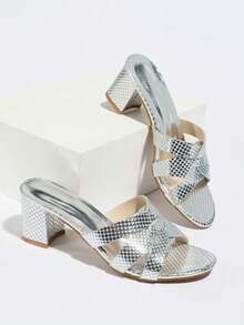 Women's Fashion Round Toe Mule Slip-On Sandals With Criss-Cross Strap And Chunky Heel, Party Style - Silver - View 7