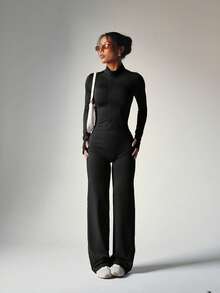 2pcs/Set Purple Zipper Fitted Long Sleeve Top + Loose Wide Leg Pants Yoga Outfit - Black - View 8