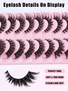 10 Pairs Cat-Eye False Eyelashes, Fluffy Layered Wispy Lashes With Realistic Mink Effect, Natural-Looking Extended Strip Lashes For Makeup, Parties, Festivals, Weddings, Halloween & Daily Glam - 黑色 - 查看 3