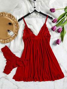 SOFUSEN 3件套女士性感深V蕾丝莲花内衣套装，多功能性感睡衣，适合卧室、浴室、派对穿着 - 酒紅色 - 查看 2