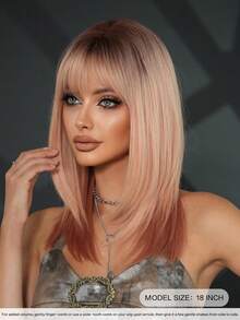 Ombre Peach Blonde Layered Wig With Bangs For Women 18 Inch Elegant Shoulder Length Straight Wig With Peach Pink Blonde Ends Dark Roots, Natural Looking Soft Heat Resistant Fluffy Glueless Synthetic Fiber Wig For Daily Wear, Beginners Wigs Accessories, Mother's Day Gifts - 漸層粉紅色 - 查看 3