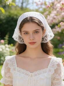 1pc Lace Trim Triangular Headband, Elegant Headscarf Hair Accessory - Beige - View 1