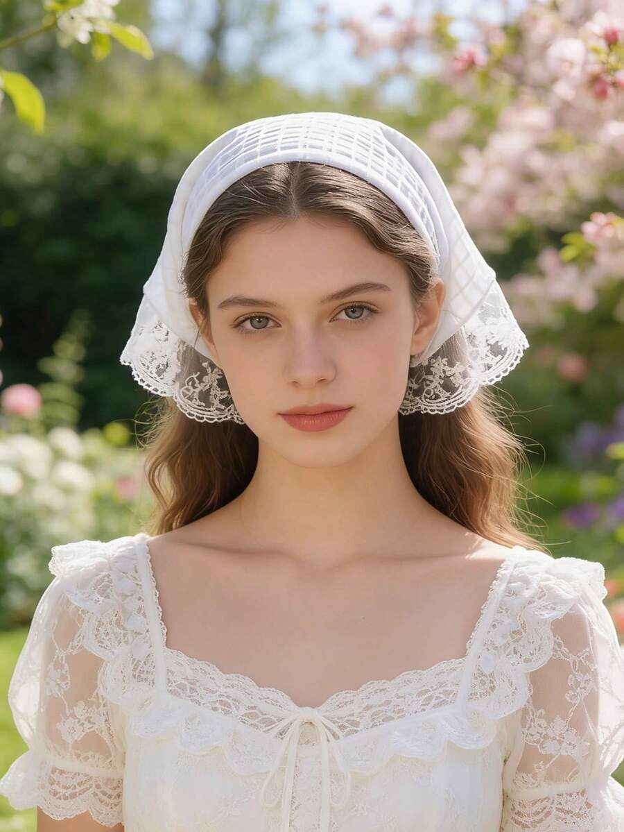 1pc Lace Trim Triangular Headband, Elegant Headscarf Hair Accessory - Beige - View 1