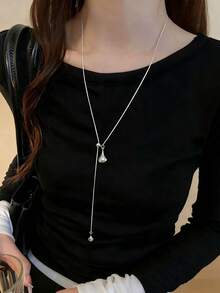 Korean Minimalist Adjustable Silver Water Drop Tassel Necklace, Versatile Elegant Layered Titanium Steel Choker Necklace Accessory For Women - Silver - View 3