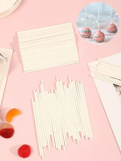 100 que kẹo mút màu trắng, que giấy dùng một lần cho bánh kem, kẹo mút, kẹo cứng, cốc hút, màu sôcôla và phụ kiện nhà bếp.