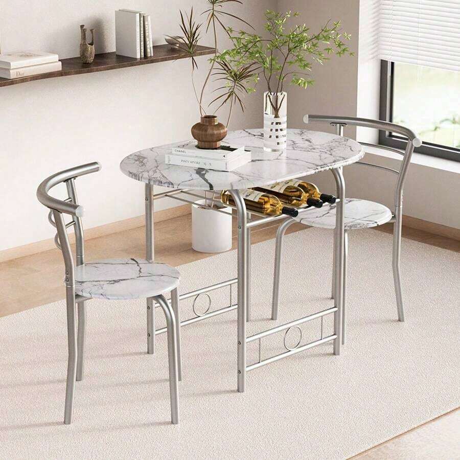 3 Piece Wood Round Table & Chair Set For Dining Room Kitchen Bar Breakfast, With Wine Storage Rack, Space Saving - White - View 1