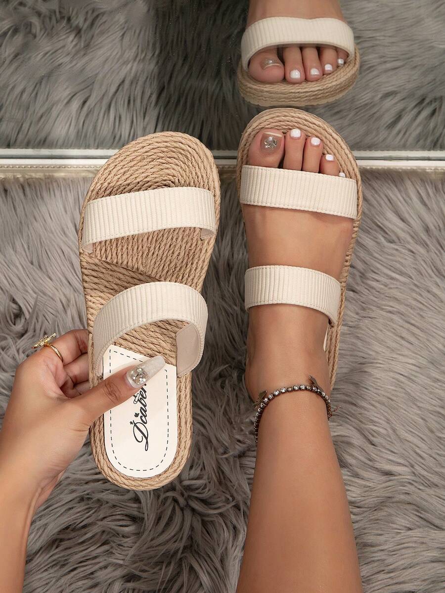 Sandalias de verano para mujer, zapatos de playa y vacaciones al aire libre, pantuflas planas con suela de cuerda de lino sintético - Beis - Ver 1