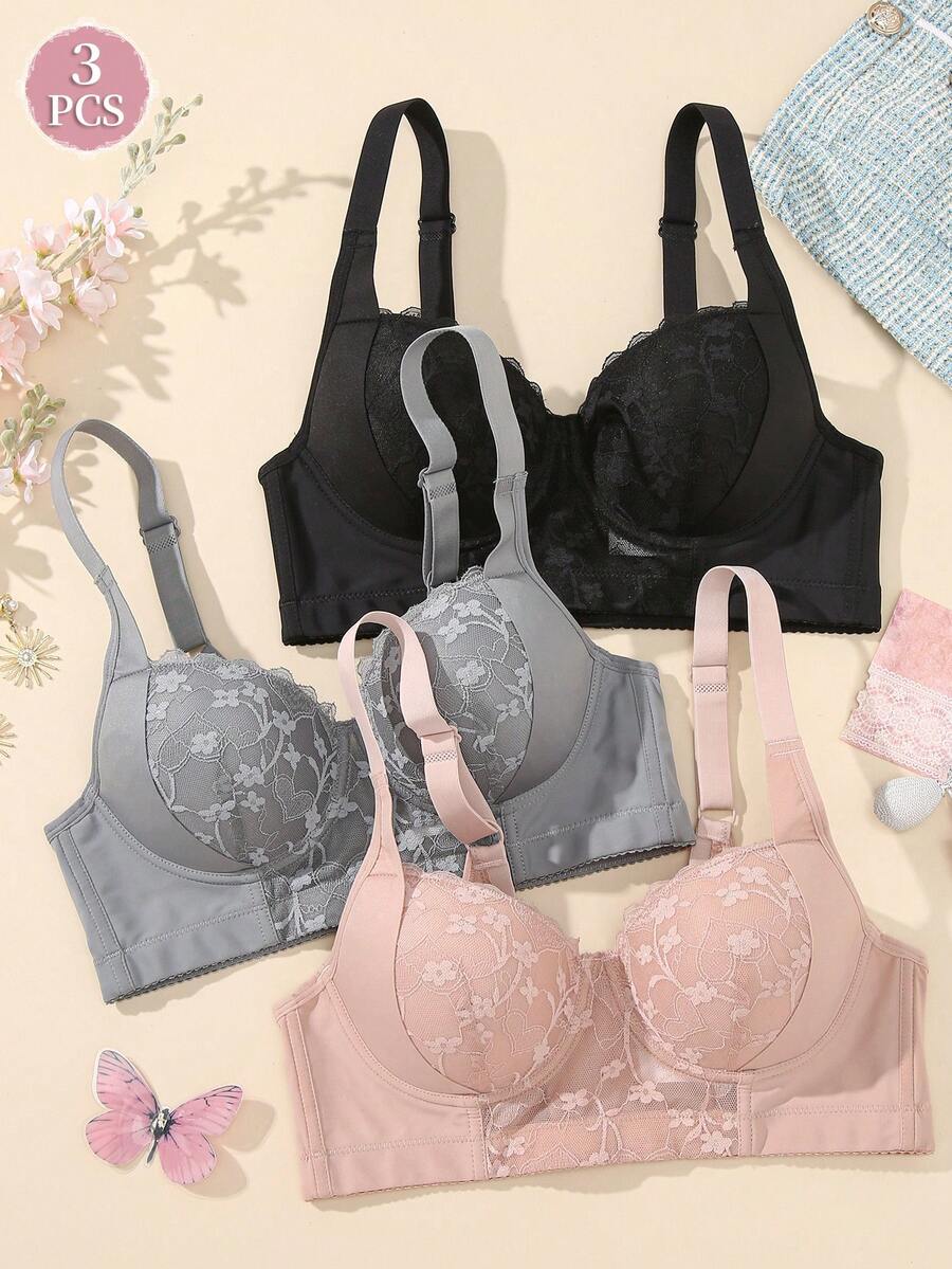 3pcs Lace Women's Bras, Lace Patchwork Underwire Supportive Comfortable Daily Bras