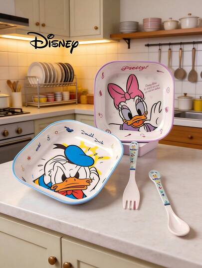 Disney 1pc Cartoon Square Plate, Melamine Material Suitable For Hot & Cold Food, Heat Resistant Tableware, Cute Creative Dinnerware, Daisy & Design Square Plate 750ml