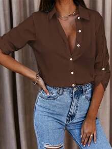 时尚百搭春夏旅行纯色简约百搭卷袖直筒衬衫翻领修身版型涤纶面料咖啡色休闲衬衫优雅实用日常通勤穿搭，女士衬衫，四季皆宜 - 咖啡棕 - 查看 4