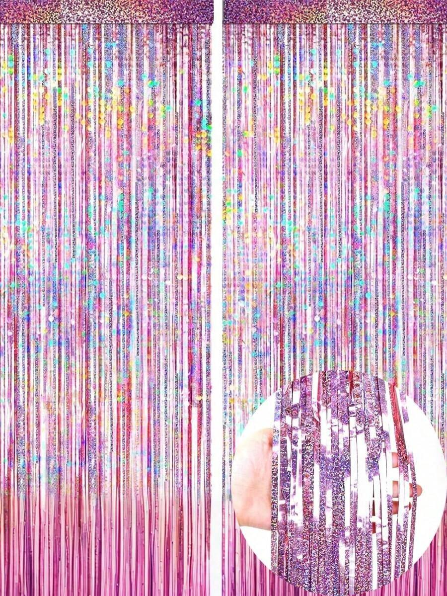 2pcs Silver Foil Fringe Curtains, Shiny Metallic Pink Background, Suitable For Decorating Birthday, Wedding, Party, 70s, 80s, 90s Disco Theme, Bachelorette Party, Rainbow Party, Winter Christmas Decor - Hồng - Xem 1