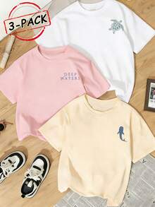 3件套女士夏季圆领短袖T恤，海洋生物海龟鲸鱼鲨鱼印花 - 粉色 - 查看 4