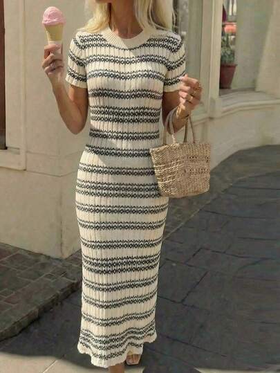 Đầm nữ thanh lịch, thoải mái, thích hợp đi du lịch, công sở, phong cách retro kẻ sọc, gợi cảm, cổ tròn, tay ngắn, chất liệu dệt kim, dáng maxi, thích hợp đi biển, nghỉ lễ, đi học, văn phòng, hẹn hò, dạo phố, mùa hè.