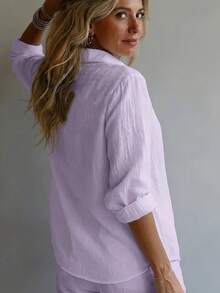 Women's Elegant Resort Style V-Neck Top, Loose And Relaxed Linen Blend Shirt, Suitable For Commuting, Casual, And Artistic Styles, Slimming And Flattering, Everyday Chic, Loose-Fitting, Draping, Breathable, Comfortable, And Relaxed Style. - 紫色 - 查看 3