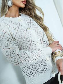 Women's Long Sleeve Cardigan In Knitted Blouse With Buttons, Elegant Coat For Winter And Everyday Wear, Women's Thin Cardigan Blouse - 白色 - 查看 3