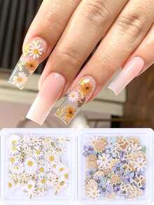 1盒3D可爱花朵春季美甲装饰Y2K蜜蜂雏菊玫瑰樱花花瓣混合设计木浆美甲饰品亮片DIY美甲装饰沙龙美甲用品 - 彩色 - 查看 4