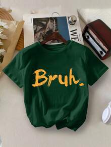 Set de 2 piezas de ropa casual de verano para niños, camiseta de manga corta y pantalones cortos, con estampado de letras inglesas divertidas, adecuado para usar en verano - Verde Oscuro - Ver 3
